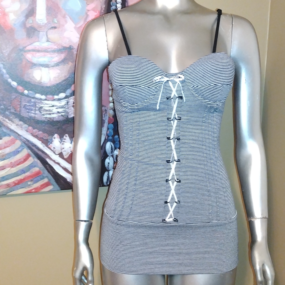 Mandee y2k striped tank bustier rockabilly punk goth pin up top black grey small